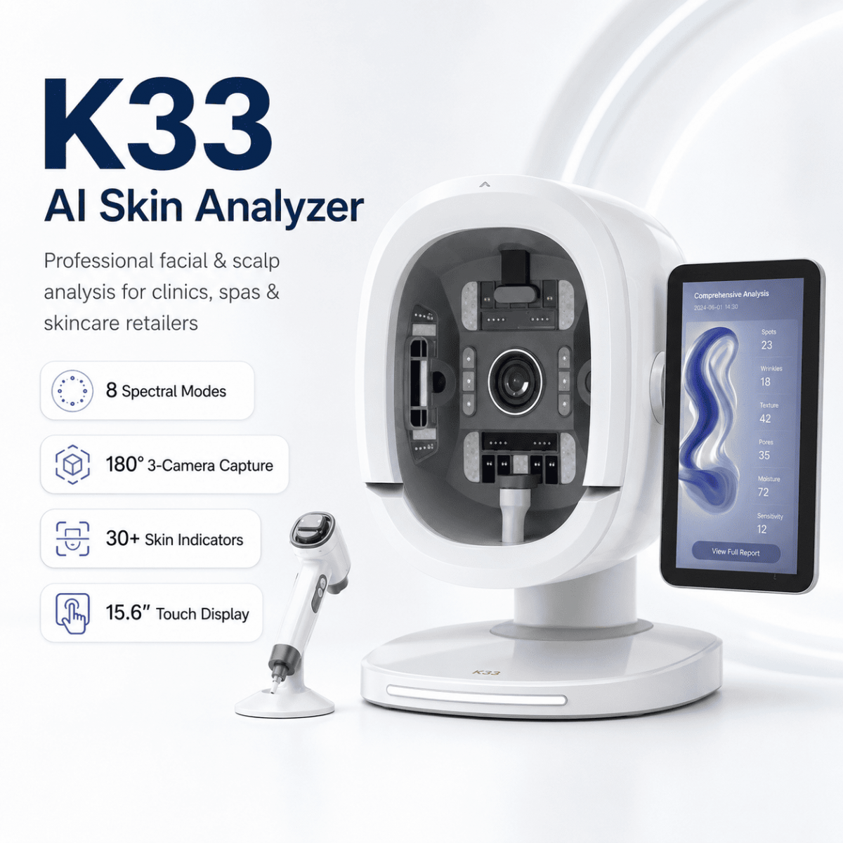 Analizator Skóry AI K33 – 8 Trybów Spektralnych, Skaner Twarzy 180° z 3 Aparatami, Wyświetlacz 15.6", Ponad 30 Parametrów Skóry, Do Wszystkich Typów Skóry, W Zestawie Mikroskop do Skóry Głowy 50x