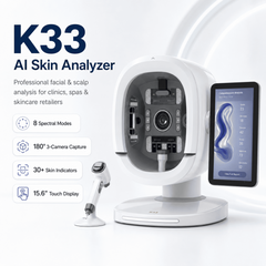 Analizator Skóry AI K33 – 8 Trybów Spektralnych, Skaner Twarzy 180° z 3 Aparatami, Wyświetlacz 15.6", Ponad 30 Parametrów Skóry, Do Wszystkich Typów Skóry, W Zestawie Mikroskop do Skóry Głowy 50x