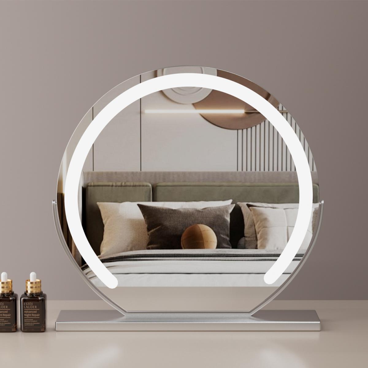 Okrągłe Lusterko do Makijażu, Duże 24"/60cm do Toaletki, Obracane o 360°, Regulowana Jasność, Ladowarka z Wtyczką