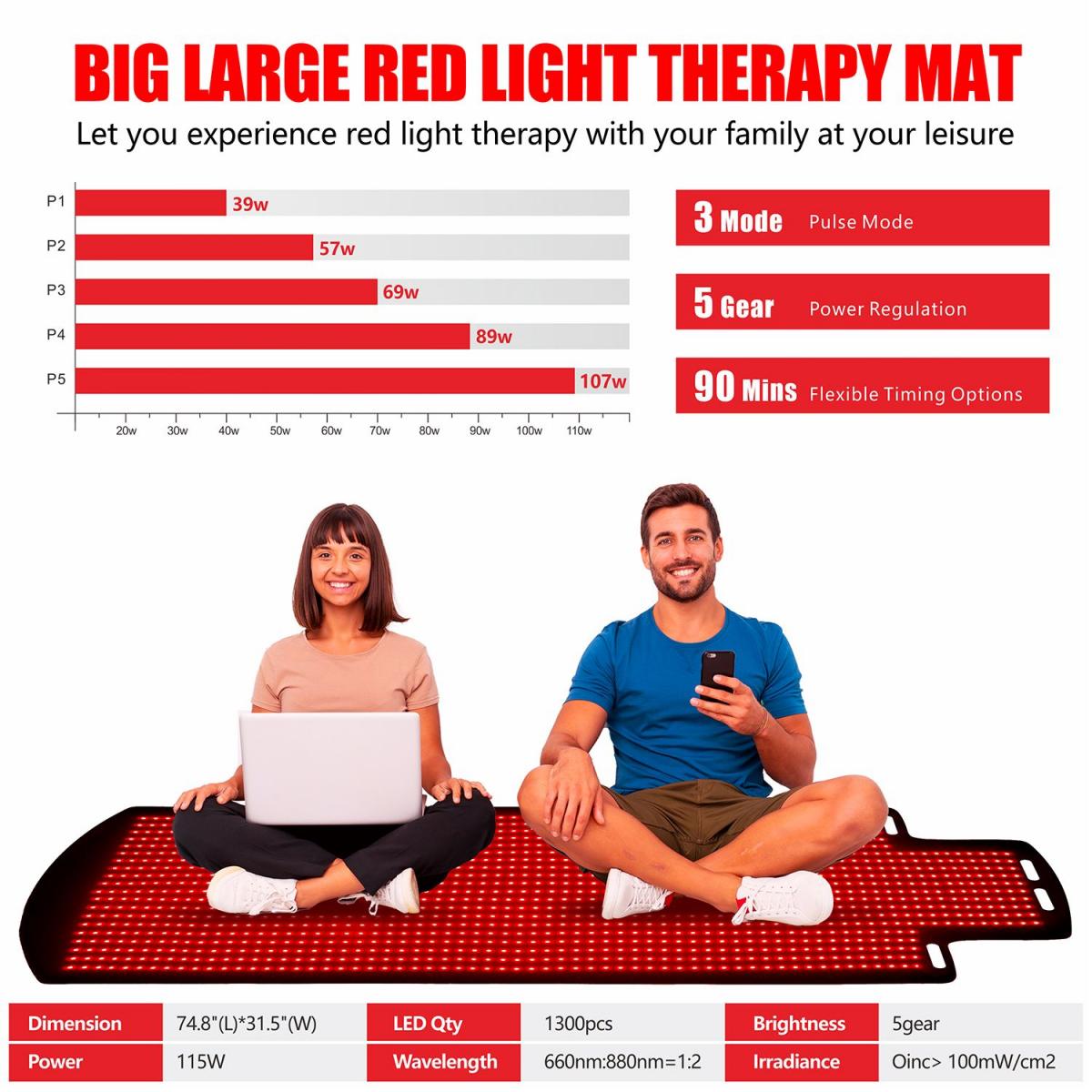 Duża mata do terapii światłem czerwonym 190 × 80 cm, 1300 diod LED 660 nm + 850 nm światło podczerwone do ciała, pleców, talii, barków i kolan – łagodzenie bólu stawów, poprawa snu