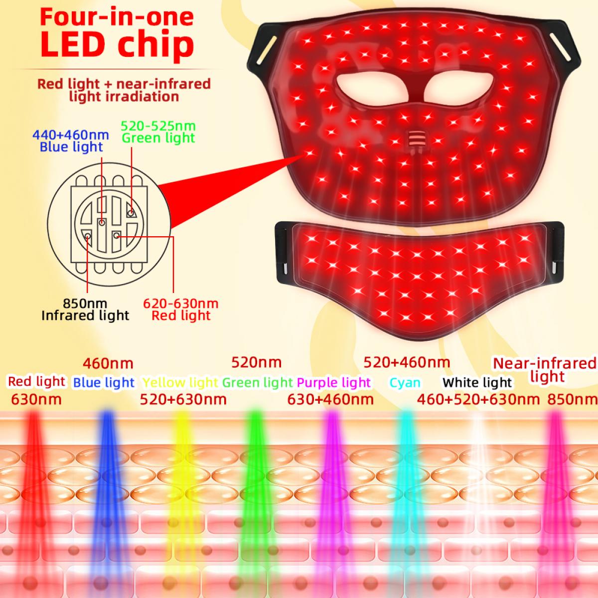 Maska silikonowa LED do twarzy i szyi LED-FacialGlow 4D, profesjonalna terapia światłem LED w 8 kolorach, działanie przeciwstarzeniowe i rozjaśniające, 400 wiązek światła