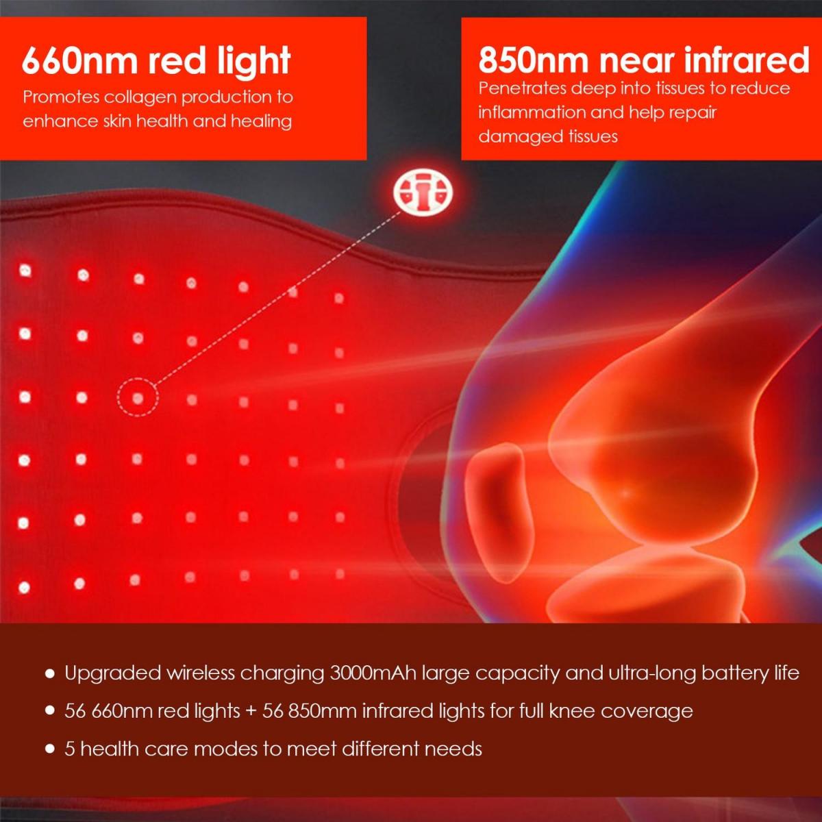 Bezprzewodowa terapia światłem czerwonym LED na kolano – 56 diod LED, bateria 3000 mAh, ulga w bólu stawów, artretyzmie i urazach sportowych